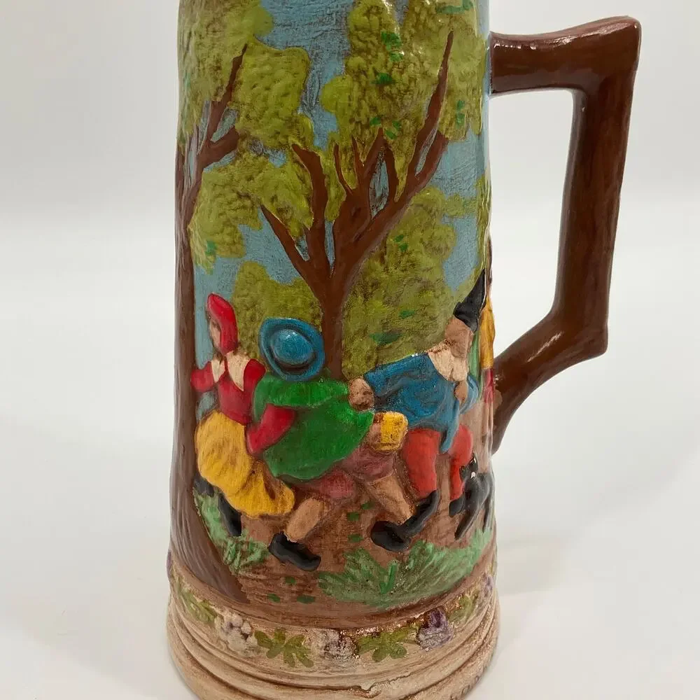 Vintage Beer Stein Les Schirz Kurhaus German Style Raised Relief Folk Ceramic
